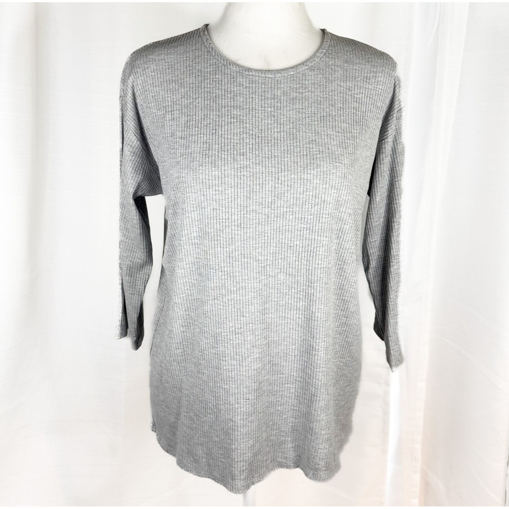 Eileen Fisher Women's XS Gray Ribbed Tencel Long Sleeve Crew Neck Tunic Top EUC